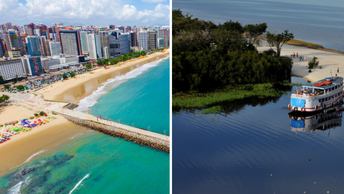 Praia Meireles em Fortaleza/CE. Crédito: Jade Queiroz/MTur e a Praia da Lua em Manaus/AM. Crédito: Mário Oliveira/MTur